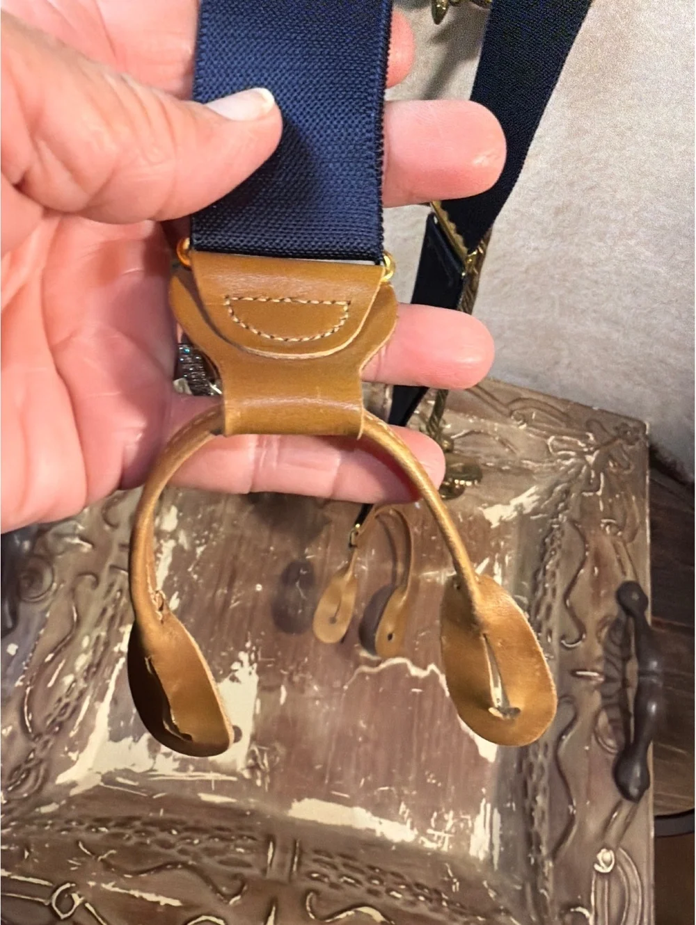 Trafalgar Navy Blue Leather Button Suspenders